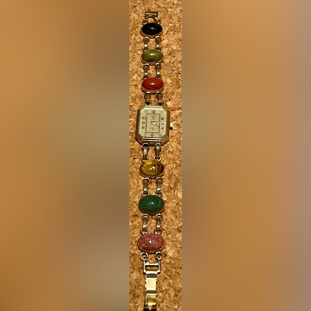 Vintage Scarab Egyptian KJL Kenneth Jay Lane Goldtone Watch w/ Multicolor Stones